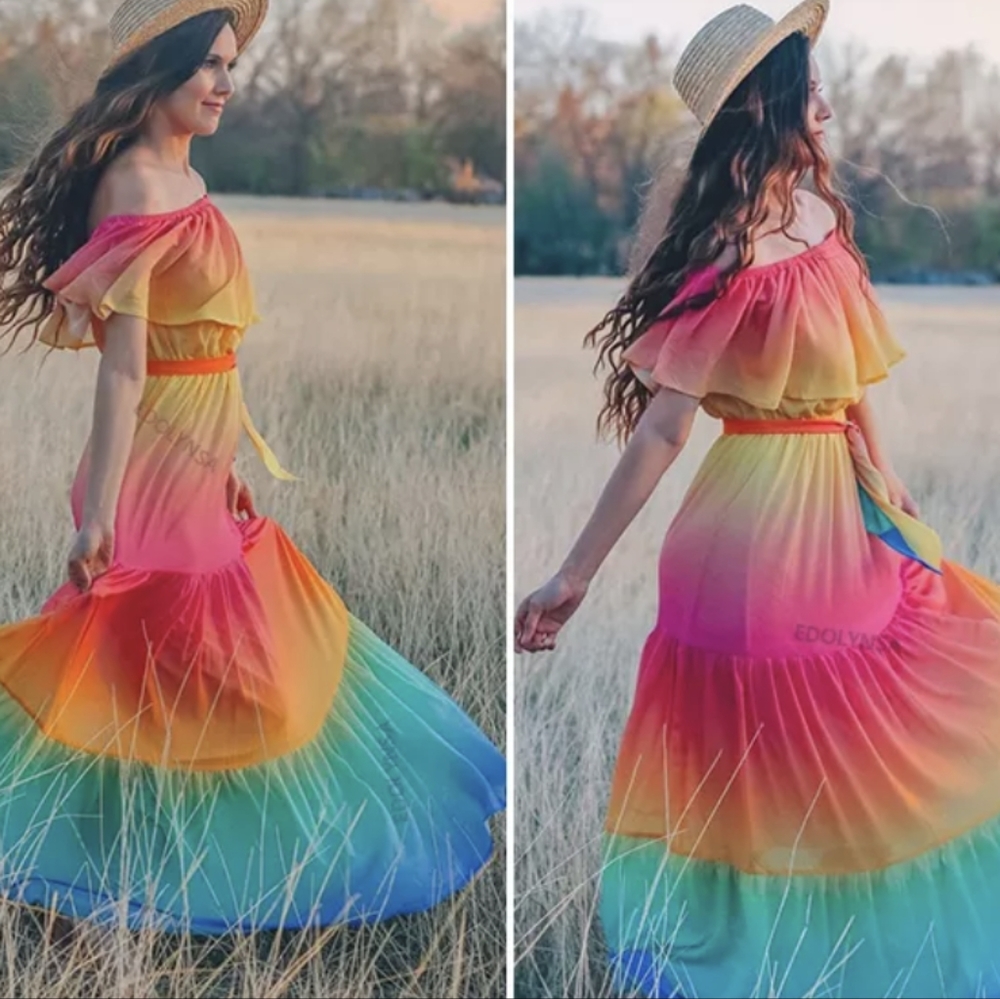 NWT Rainbow Ombre Boho Maxi Summer Dress S: Sm-Med - Picture 6 of 14